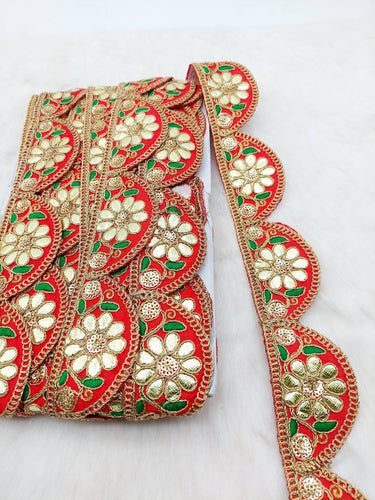 9 Yards Silk Fabric Scalloped Lace Trim, Indian Gold Foil Work Embroidery Gota Patti Sari Border Decorative Trim Craft Lace